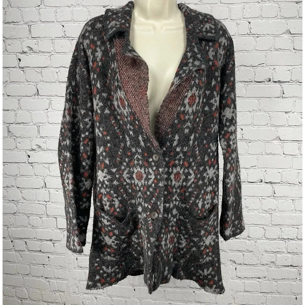 Free People Grey Print Wool Alpaca Blend Button Up Collar Cardigan Size Medium M